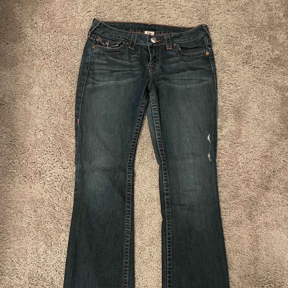 True Religion blue jeans bootcut with pink thread